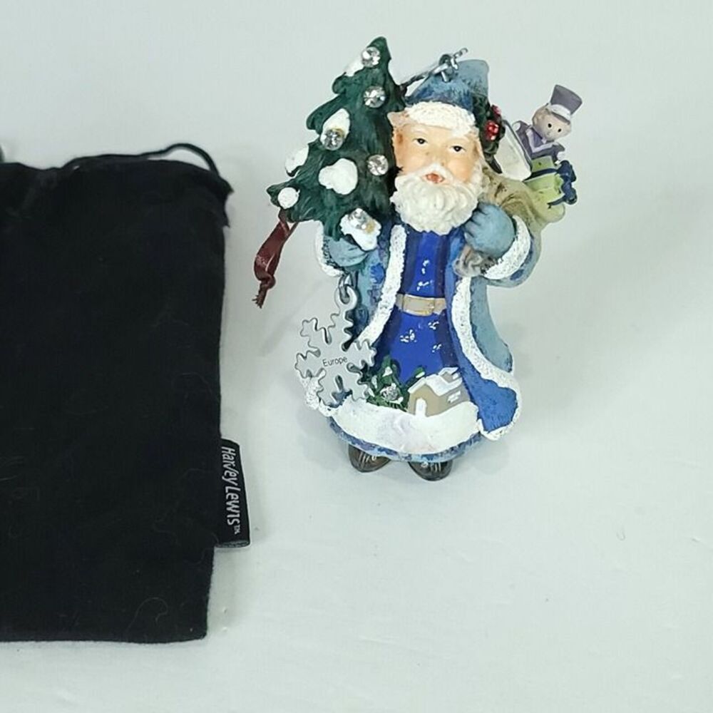 Harvey Lewis Santa Blue Europe Christmas Ornament in Black Velveteen Bag New